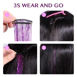 IDN BEAUTY Hair Tinsel Clip in, 12pcs Mixed Pink Silver Sparkling Tinsel Hair Extensions 3s Wear and Go for Party Daily Travel Birthday, 24Inch Hair Accessories for Girls Women Kids