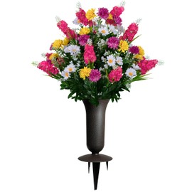 Sympathy Silks Artificial Flowers for Cemeteries - Realistic Grave Decorations - Pink Yellow and White Wildflower Mix - Bouquet with Vase