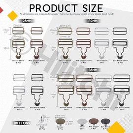 24 Set 3 Size 4 Colors Metal Suspender Buckles, 28mm 32mm 38mm Adjustable Retro Metal Overall Suspender Replacement Buckles with Rectangle Buckle Slider and No-Sew Buttons for Bib Pants Jeans