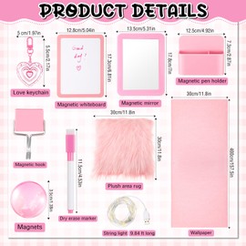 Wonderjune 12 Pcs Locker Accessories Kit Magnetic Mirror Whiteboard Pen Holder Magnet Hook Locker Wallpaper Rug Keychain Marker String Light for Back to School Essentials Locker Decorations(Pink)