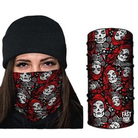 Fast Mask Breathable Fabric Face Mask, Tubular Bandana 100% Polyester Microfiber Face Protection with SPF 40 for Men and Women- With Sewn Edges (Red Santa Muerte Neck Gaiter)