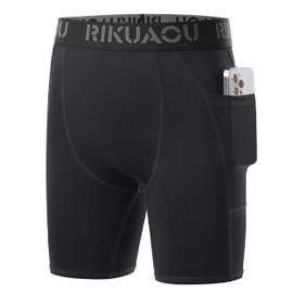 RIKUAOU Youth Boys Compression Shorts with Side Pockets, Kids Athletic Base Layers Running Underwear for Baseball Football Black
