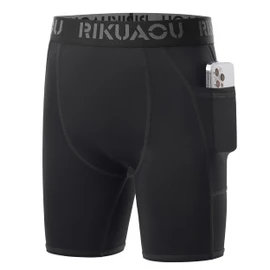 RIKUAOU Youth Boys Compression Shorts with Side Pockets, Kids Athletic Base Layers Running Underwear for Baseball Football Black
