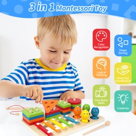 3-in-1 Montessori Toy from 1 Year, Toy from 2 3 4 Years, Montessori Toy 2 Years, Wooden Toy Children's Toy from 1 Year, Educational Games Motor Skills Toy Learning Toy Gift Children Baby