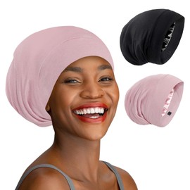 iCooBreeze Mulberry Silk Lined Sleep Cap Bonnet for Curly Hair, Stay On Hair Wrap, Adjustable Strap for Women Men, Pink & Solid Black
