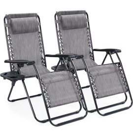Set of 2 Multi-Color Zero Gravity Outdoor Patio Folding Sun Loungers Recliners with Pillow and Cup Holder for Pool or Beachcolor: grey Color