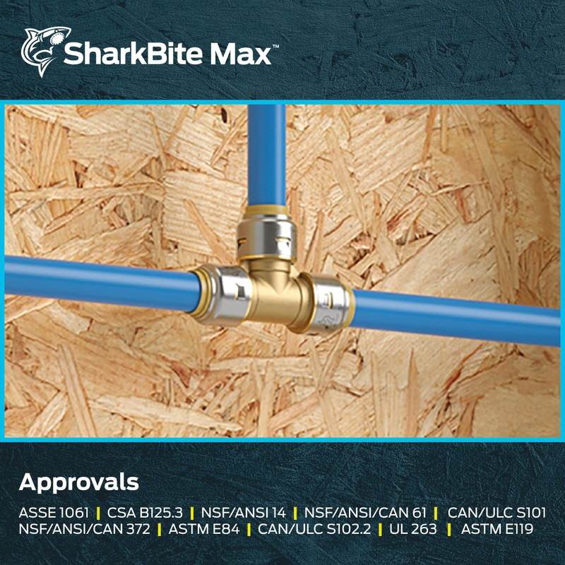 SharkBite Max 1/2 Inch Tee, Push to Connect Brass Plumbing