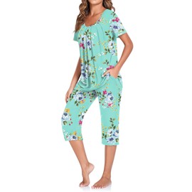 TAOHUADAO Women's Pyjamas Short Sleeve Top with Capri Pants Sleepwear Ladies Pjs Sets with Pockets, Mint Green L