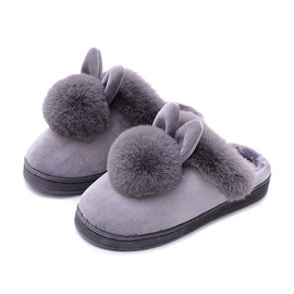 Vensivy Women Cute Rabbit Ear Slippers House Non-Slip Soft Fluffy Bunny Slipper Indoor Winter Warm Plush Animal Shoes (Grey, 4.5-5.5)