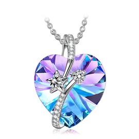 Yienate Heart Crystal Necklace Choker Silver Star Rhinestone Purple Crystal Heart Pendant Necklace Chain Infinity Love Heart Birthstone Necklace Charm Jewellery Gift for Women Girls