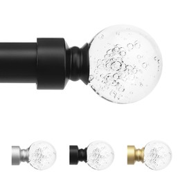 knobelite Black 1 Pack Window Treatment Single Curtain Rods, Adjustable Curtain Rod from 36 to 72 Inches with Crystal Finial Finials,1-Inch Curtain Rods for Windows