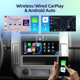 Wireless Carplay Single Din Car Stereo with Car Play Android Auto - 6.86 inch Touch Screen Bluetooth Radio, 7 Color Buttons/SWC/FM + Reversing Camera + Remote Control