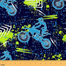 Feelyou Dirt Bike Fabric by The Yard, Extreme Sports Upholstery Fabric for Chairs, Racing Motocross Rider Hippie Graffiti Style Decorative Waterproof Outdoor Fabric, 3 Yards, Blue