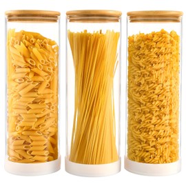 TBWIND 73oz Round Glass Pasta Storage Containers with Bamboo Lids – 3 Pack Large Airtight Clear Food Jars for Pantry Organization, Kitchen Dry Food, Flour, Pasta, Spaghetti, Staples & Snacks