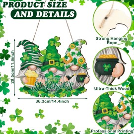 Queekay St. Patrick's Day Door Wreaths for Front Door Gnome Wooden Hanging Sign Gnome Wreath Signs Luck Shamrock Green Welcome Hanger Decoration for St Patrick's Day Wall Rustic Farmhouse Porch