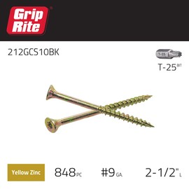 Grip Rite 212GCS10BK #9 by 2-1/2-inch Type 17 Coarse Auger Thread Yellow Zinc Plated T-25 Star Drive Construction Screws 848 Count, 10lbs.