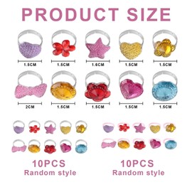 UBSIUH 20 Pieces Princess Jewelry Rings, 10 Metal Rings and 10 Pieces Resin Rings, Adjustable Little Girl Jewelry Gem Rings, Girls Princess Party Supplies.