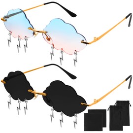 Fumanduo Pack of 2 Cloud Sunglasses, Rimless Sunglasses with 2 Glasses Bags + 2 Glasses Cloths, Irregular Disco Glasses, Flash Tassel, Women Sunglasses for Party, Beach (Grey Blu-Pink), multicoloured