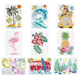 FINGERINSPIRE Pack of 9 Summer Animal Plants Painting Stencil 21 x 29.7 cm Flamingo Palm Tree Surf Dwarf Hibiscus Pineapple Mermaid Drawing Template for Painting on Wood Wall Fabric Furniture