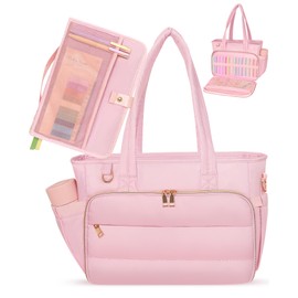 VAYOQON Puffer Tote Bag for Women, Large Quilted Handbag with Laptop Compartments, Work, College, Church & Bible Bag (Pink)