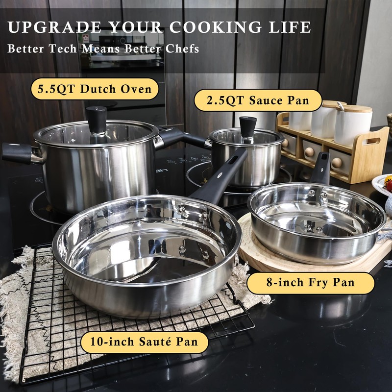 Meythway 𝐔𝐏𝐆𝐑𝐀𝐃𝐄 Stainless Steel Pots and Pans Set Non Toxic,