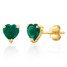MAX + STONE 14k Yellow Gold Created Emerald Heart Shape Stud Earrings for Women with Push Backs 5mm May Birthstone