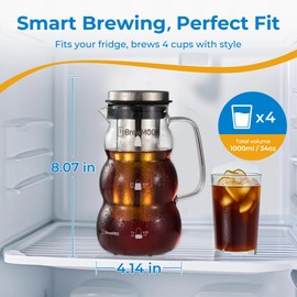 BrewMOO Cold Brew Coffee Pitcher (1.0L/34oz) - Elegant Sleek Wave Borosilicate Glass Pitcher with 100um 304 Stainless Steel Filter & Airtight Lid, Efforless Mannual for Beginner, Sophisticated Gift