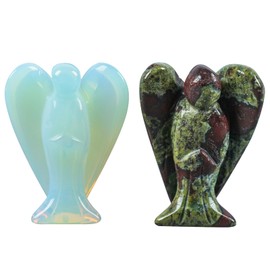 Lovionus89 Mini Crystal Angel, 2 Pcs Pocket Carved Gemstone Guardian Figurines Healing Statue Home Decor 1.5 inch, Dragon Bloodstone + Opalite