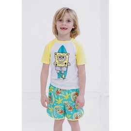 SpongeBob SquarePants Surfboard Big Boys UPF 50+ Rash Guard and Swim Trunks Outfit Set Yellow/Turquoise 14-16