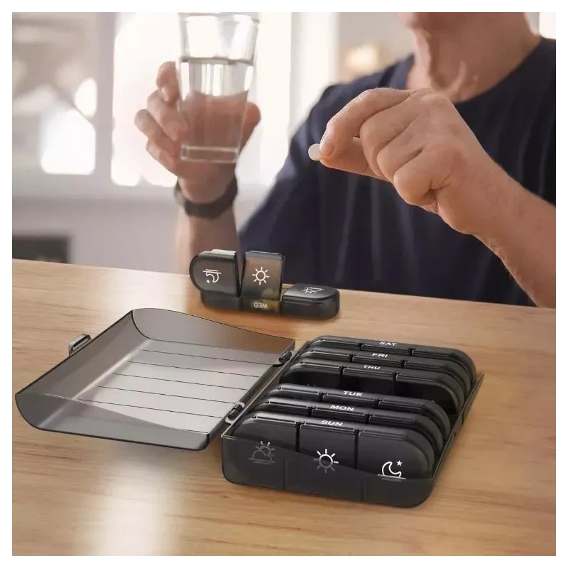 Pastillero Semanal Portátil De Píldora Vitamin Múltiples Negro Rectángulo