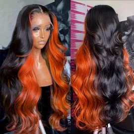 Ginger 13x6 Lace Front Wigs Human Hair 200% Density Body Wave Colored Wigs Pre Plucked Highlight Ombre Ginger Orange Colored Wig HD Transparent Lace Frontal Wigs For Black Women 22 Inch