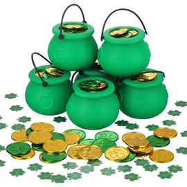 156 Pieces St Patricks Day Decorations Set Includes 6 Green Leprechaun Cauldron with Handle Lucky Leprechaun Pot 50 St. Patrick Lucky Shamrock Plastic Coins and 100 Shamrock Clover Confetti for Party