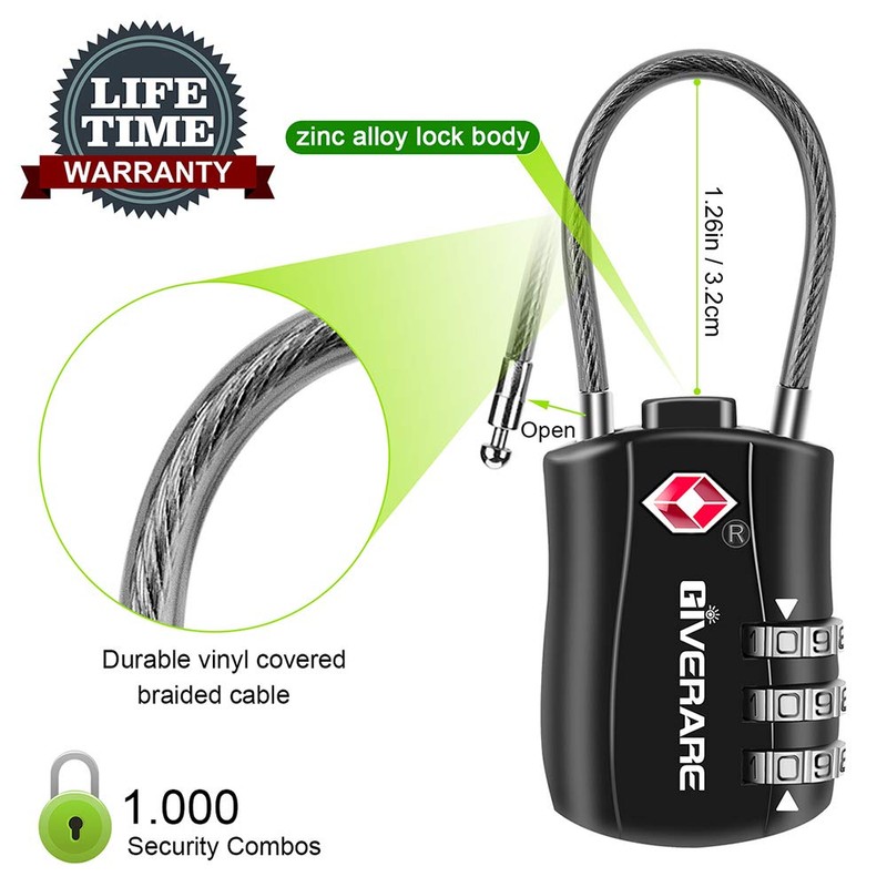 GIVERARE TSA Approved Luggage Locks, Combination Travel Cable Lock, Re-settable