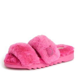 Dearfoams Women's Fireside Benalla All Over Shearling Double Band Easy on/Off Slide Slipper, Paradise Pink, 9