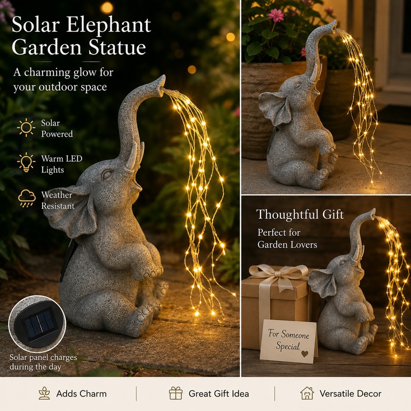 Solar Elephant Garden Statue with LED String Lights – Resin