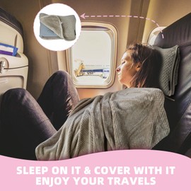 Nenolix 3 in 1 Travel Blanket Pillow Set - 350 GSM Thick Travel Blanket Airplane Compact with Bag, Soft Bag with a Pocket, Inflatable Travel Pillow for Camping & Car Trip (Light Coffee)