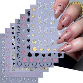 LBPEPAMZ 8Sheet Valentine's Day Nail Art Stickers gold white pink black heart Nail Stickers with Bling Gold Star Designs for Nails Art Manicure Decor Romantic Love Heart Nail Supplies Nail Accessories