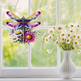 Dragonfly Flowers Diamond Painting Hanging Kits for Adults Dreamcatcher, Diamond Art Kits Pendant Ornament, 5D Special Shaped Crystal Gem Art, Small Diamond Painting for Wall Window Decor