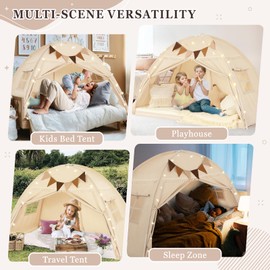 Lanabuna Full Size Bed Tent Canopy, Kids Play Tent with Flags & Star Lights, Canopy on Bed Privacy Space Sleeping Blackout Tents, Indoor Breathable Portable & Foldable, XL-Large Cream Tassels Style