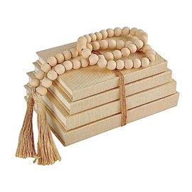 Linen Covered Decorative Books 4 Pieces, Neutral Home Decor Coffee Table Books with Wooden Beaded Tassel, Stacked Books for Rustic Farmhouse Modern, Boho, Bookshelf, Fireplace Mantel Décor, Beige