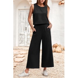 IWOLLENCE Women's Summer 2 Piece Outfits Set Round neck Sleeveless Tank Crop Top Wide Leg pants Set Pockets Jumpsuits Black Large
