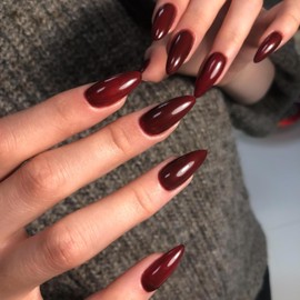 Burgundy Red Press on Nails Almond Shaped Medium Almond Nails Press on Neutral Acrylic Fake Nail for Women Reusable Glue on Nails Medium Length Stiletto False Nail