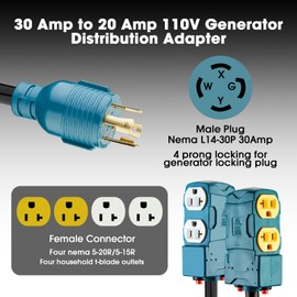 30 Amp to 20 Amp 110V Generator Distritution Cord with Circuit Breaker,NEMA L14-30P/Four 5-15R, 4 Prong 10 Gauge Flexible Generator Power Cord,30Amp 7500 Watts (25FT)