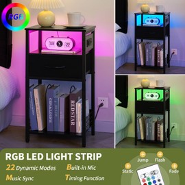 Yoobure Side Table - Night Stand with Charger Station & LED Light, 3 Tier Small End Table Living Room, Bedside Table with Drawer, Record Player Stand with Vinyl Storage, Black Nightstand for Bedroom