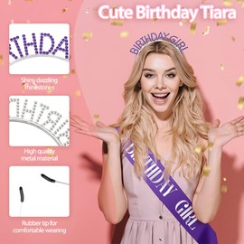 Birthday Crown and Sash Set for Women - Purple Rhinestone Headband, Princess Tiara, Happy Birthday Girl Accessories Gifts