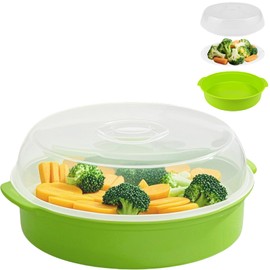 Bigwinyep Microwave Steamer for Vegetables, Plastic Microwave Vegetable Steamer with Lid for Vegetables Prep Seafood Fish Cooking, Green-Round, 10Inch