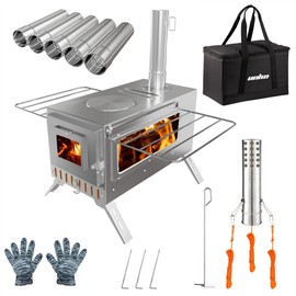 UNHO Portable Camping Tent Stove Stainless Steel Wood Burning Stove w/ 7 Chimney Pipe