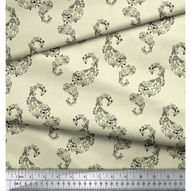 Soimoi Yellow Cotton Duck Fabric Black Sketch Floral & Paisley Print Fabric by Yard 42 Inch Wide