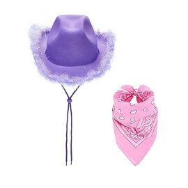 Edhomenn Adjustable Chin Strap Cowboy Hats Texan Cowgirl Hat with Scarf for Women Girls Cowboy Costume Theme Party Accessory (02 Purple, One Size)