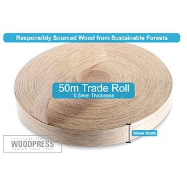 WoodPress® 30mm Real Red Oak Wood Wood Pre-Glued Veneer Edging Tape – 50m Trade Roll – Iron-On Wood Application